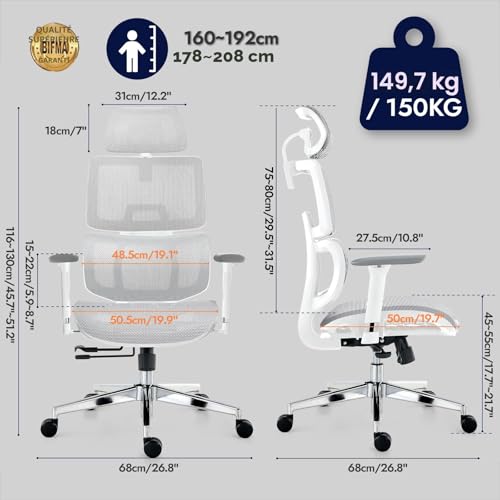 TONFARY Professional Ergonomic Office Chair - Breathable Mesh Backrest, 130° Tilt, 3D Armrests and Adjustable Seat - Swivel Wheels, 150kg