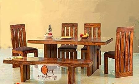 Nisha Furniture Solid Sheesham Wood 6 Seater Dining Table Set | with 4 Chairs and 1 Bench | Cream Cushion | Natural Teak Finish