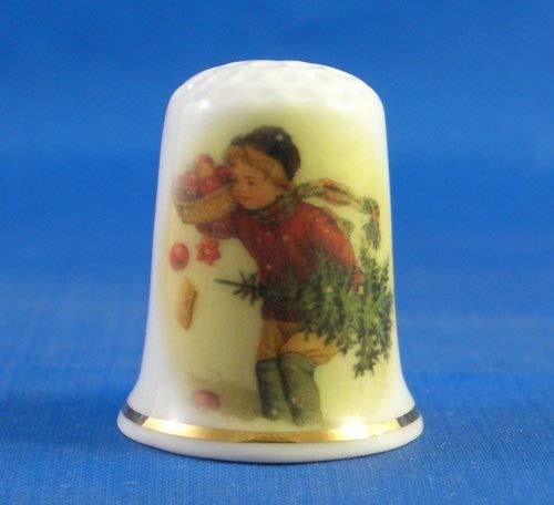Porcelain China Collectable Thimble -- Bringing Home the Christmas tree with Free Gift Box