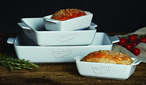 Mason Craft & More Ceramic Bakeware Collection- Rectangular, Square, Casserole, Lasagna, Baking, Roasting- 4 Piece White Ceramic Bakeware Set