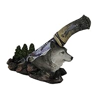 DWK Rustic Spirit Wolf Forest Centerpiece with Stainless Steel Display Knife Wildlife Decor for Rustic Cabin & Lodge Decor Statues