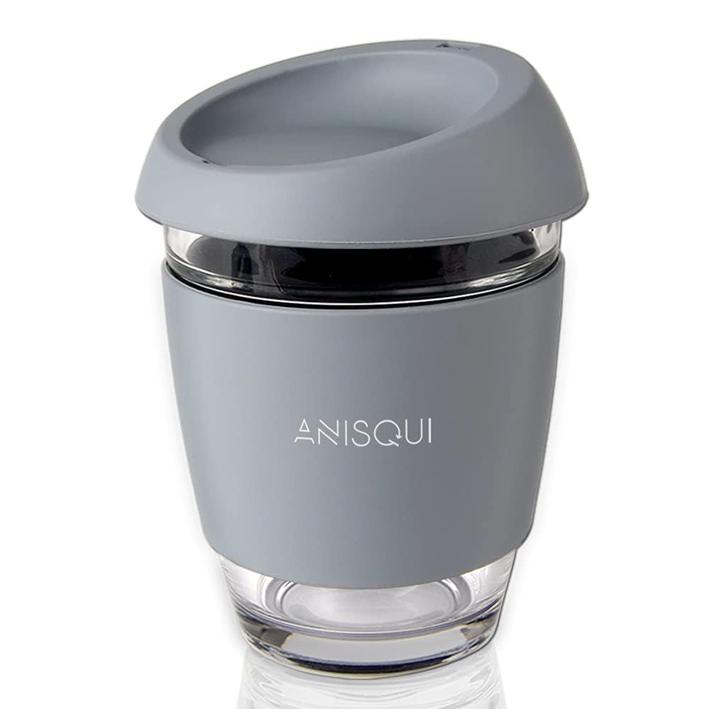 AniSqui Glass Travel Mug, 12oz 350ml Portable Coffee Cup with Lid (Grey)