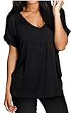 Meaneor Women's Solid Comfy Loose Fit Roll Over Short Sleeve V Neck Batwing Top Tee Black M