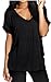 Meaneor Women's Solid Comfy Loose Fit Roll Over Short Sleeve V Neck Batwing Top Tee Black M