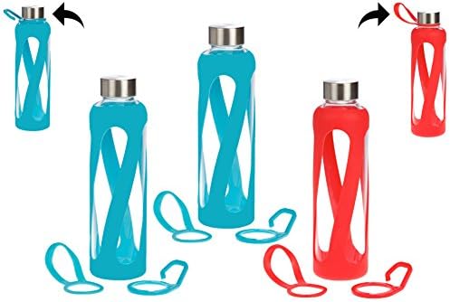 3-PACK BBR - Leak Proof, Reusable 20 oz Large Pure Borosilicate Pyrex Tempered Glass Water Bottle, Non-Slip Silicone Sleeve, 2 Attachments: Loop and Hook, Free of BPA, BPS, BPF, PVC, Phthalates