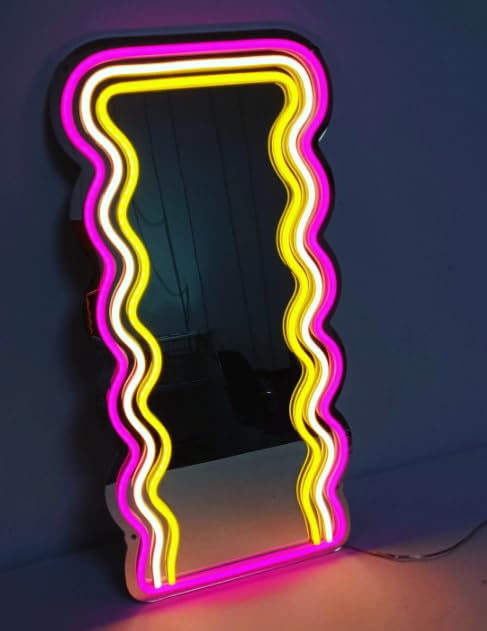 DAKABUKA Wave Mirror Neon Sign LED Neon Lights Makeup Mirror Wall Mounted Irregular Decorative Mirrors for Bedroom Beauty Salon Living Room Girls Room Decoration (41x25cm)