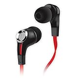 NoiseHush NX85 Earphones Premium Bass Stereo In-Ear Headphones feature a Tangle-Free Cable; In-line Microphone and Multifunction Button; Soft Gel Earbuds - Black/Red