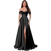 Cozcy Off Shoulder Bridesmaid Dresses with Slit Satin Ball Gown Pleated Formal Dress Evening Gown