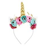 Unicorn Horn Headband, Aiernuo Photo Props Gold Cat Ears Flowers Unicorn Headband for Cosplay Costume Birthday Party