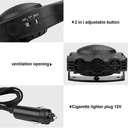 TekkPerry Portable Car Heater, 180°Rotatable Defogger, Fast Heating Car Heater Fan, Vehicle Heat Cooling Fan, 12V 150W 3-Outlet Auto Ceramic Heater with Cigarette Lighter Plug for Car SUV Truck