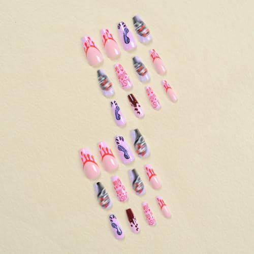 Halloween Press on Nails Medium Coffin Fake Nails Blood False Nails with Design Cute Ghost Glue on Nails Purple Coffin Full Cover Glossy Acrylic Stick on Nails for Women DIY Holiday Nail Decor 24Pcs - Image 2