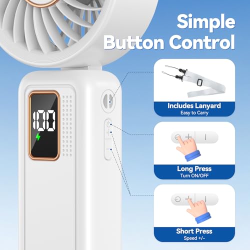 Handheld Fan, 3 in 1 Portable Fan, Mini Fan Battery 6000mAh Rechargeable, Digital Display, 120° Folding, 5 Speed, Quiet Fan Ideal for Travel, Office, Home
