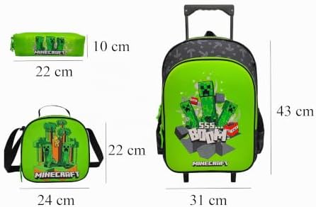 Carrinho Funcional, Escola, Viagens, 3 Pcs, Lancheira, Mala, Cor Verde, Produto Oficial, Minecraft