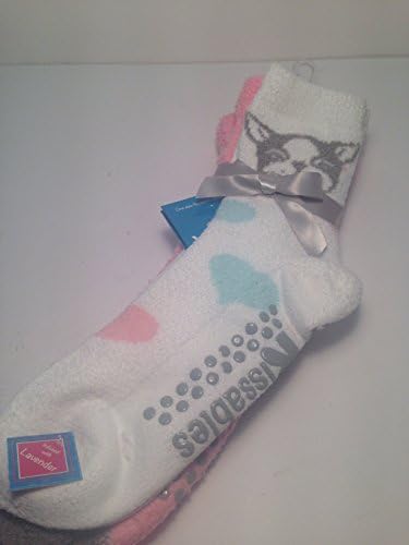 Kissables Plush Chenille "SLIPPER SOCKS" 2-pair, Pink/Grey, Hearts/Dog &amp; Solid, Infused with Lavender Oil