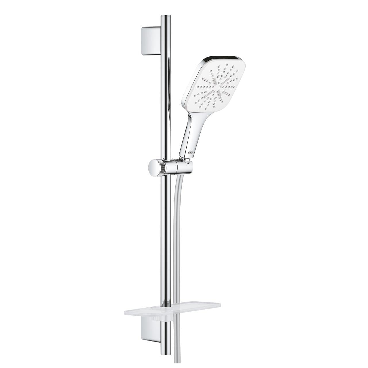 GROHE Rainshower 130 Smartactive Cube Shower Rail Set Water-Saving 3-Spray 130mm Hand Shower with 600mm Rail, 1750mm Silverflex Hose Chrome Finish and White Spray Plate Made in Germany 26584LS0