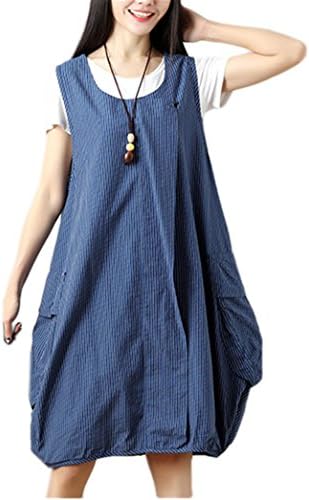 Women Casual Loose Baggy Sleeveless Dress with Big Pockets Cute Simple Striped Cotton Linen Soft Comfy