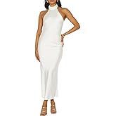 Phicia Sexy Satin Halter Neck Backless Maxi Dress for Women Elegant Tie Cowl Back Formal Wedding Guest Dress for Summer