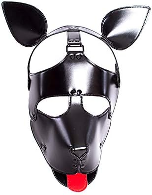 Soft Leather Puppy Play Cosplay Mask with Ears and Tongue Hood Pet Role Play Costume,Black,One Size