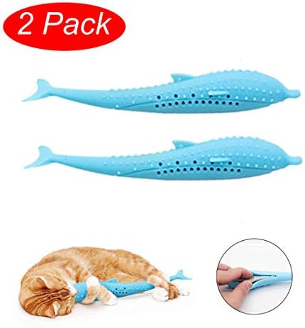 ENFLNI 2 Pack Pet Cat Fish Shape Toothbrush with Catnip Toys - Fish Flop Cat Toy Pet Eco-Friendly Silicone Molar Stick Teeth Cleaning Toy for Cats Kitten Kitty (Blue)