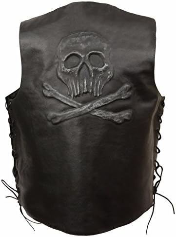 MEN'S MOTORCYCLE BLACK LEATHER VEST SKULLS & CROSS BONE EMBROIDERED W/SIDE LACES (L Regular)