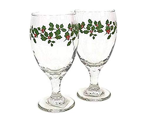 Water Goblets Set of 6-16.25 oz. USA MADE! Impressive, Durable, Multi Purpose Glasses: Ice Tea, Beer, Sangria, Cocktails Great for Christmas & Daily Use. Adorned with Holly Leaves & Berries((6)
