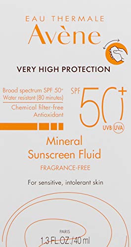 Eau Thermale Avene Mineral Fluid Sunscreen, Broad Spectrum SPF 50+, Water Resistant, Non-Greasy, 1.3 oz.