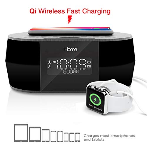iHome iBTW38 Alarm Clock Bluetooth Stereo with Lightning iPhone Qi Wireless Charging Dock Station for iPhone Xs