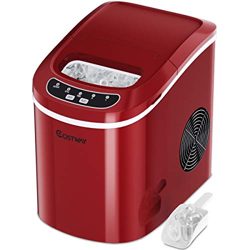 COSTWAY Ice Maker for Countertop, 26LBS/24H Portable and Compact Ice Maker Machine, Ice Cubes Ready in 6 Mins, Electric High Efficiency Express Clear Operation Control Panel with Ice Scoop (Red)