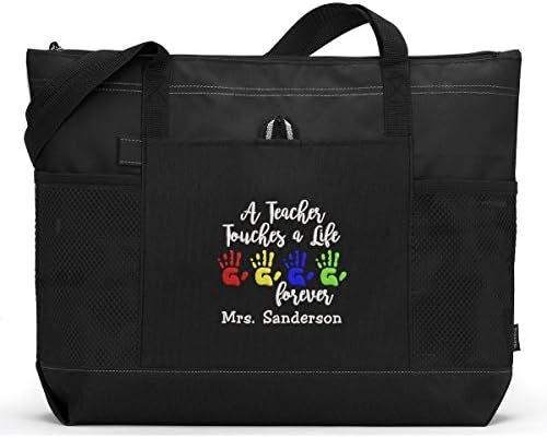 Custom Teacher Tote - A Teacher Touches a Life Forever - Personalized Bag with Mesh Pockets