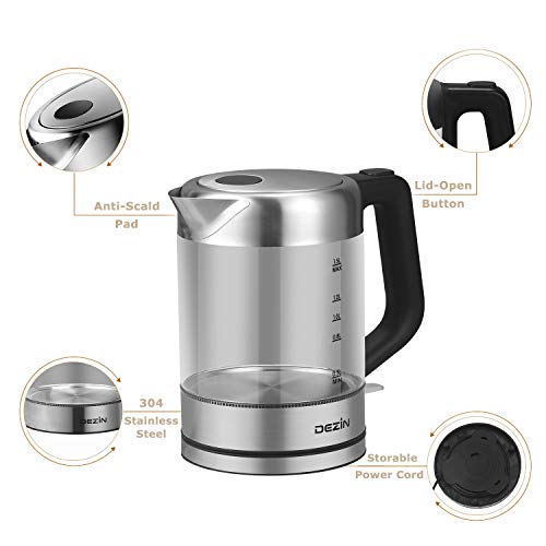 Dezin Electric Kettle Glass Water Heater Boiler, 1.5L Stainless Steel Finish Cordless Tea Kettle with LED Light, One Touch Lid Open Button, Fast Heating, Auto Shut-Off and Boil Dry Protection Tech