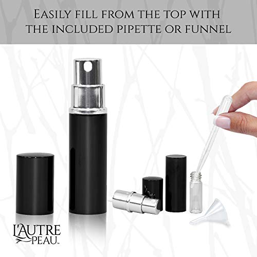 Refillable Perfume & Cologne Fine Mist Atomizers with Metallic Exterior & Glass Interior - Portable Travel Size - 3ml Squeeze Transfer Pipette Included - 4 Pc Pack of 5ml (Silver, Pink, Gold, Black)