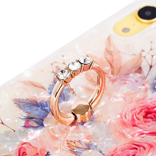 RicHyun Girly iPhone XR Case, Cute Pink Floral Soft Pearly Lustre TPU Cover with Sparkly Diamond Ring Holder for Women
