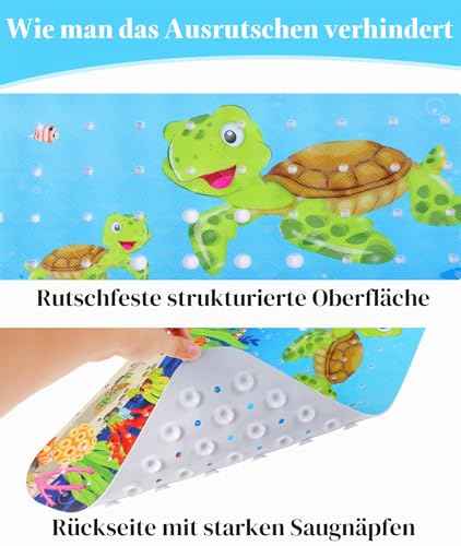 Secopad Children's Bath Mat for Bathtub, 100 x 40 cm, Cartoon Non-Slip Mat, Bathtub Baby, Bath Mat Non-Slip with Suction Cups, 100% BPA Free & Machine Washable, Turtles