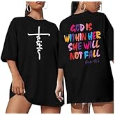 Tewmeu Oversized Christian Tshirts for Women God is Within Her Tops Jesus Faith Shirts Bible Verse Inspirational Graphic Tees