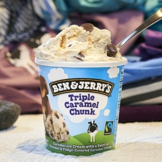 Ben & Jerry's - Vermont's Finest Ice Cream, Non-GMO - Fairtrade - Cage-Free Eggs - Caring Dairy - Responsibly Sourced Packaging, Triple Caramel Chunk, Pint (4 Count)
