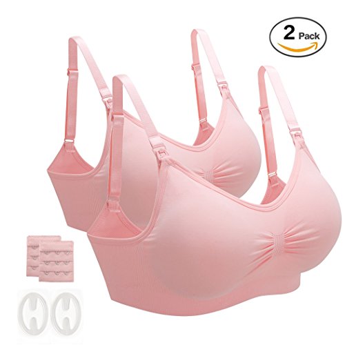 Movwin Full Bust Seamless Nursing Maternity Bras Bralette In One-Hand Access, Breastfeeding Bra With Extra Bra Extenders & Clips (L Fit 36BC 34CD 38AB, 2 Pink)