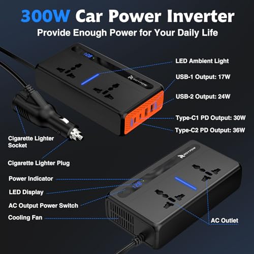 RoyPow 300W Car Power Inverter, DC 12V to 220V AC Power Inverter with Cigarette Lighter Port, Car Plug Adapter Outlet with 3.4A USB-A, QC3.0 24W, PD 30W, PD 36W, Dual AC Outlets (300W)