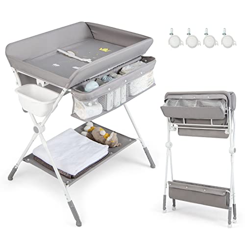 BABY JOY Baby Changing Table, Portable Folding Diaper Changing Station with Wheels, Adjustable Height, Large Storage Rack, Water Basin, Safety Belt, Mobile Nursery Organizer for Newborn Infant, Gray