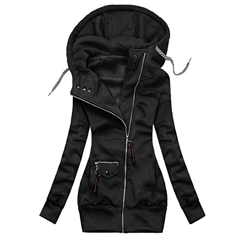 BiuBuy Winter Warm Long Jacket Zip Up Coat Womens Hooded Parka Overcoat Solid Drawstring Outwear Black