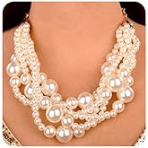 Wiwpar 2PCS Large Chunky Statement Faux Pearl Bib Choker Necklace and Earring Set for Party Wedding Ladies