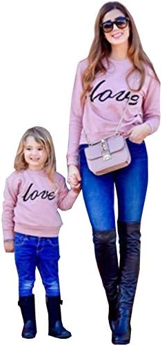Family Matching Love Print Long Sleeve Round Neck Sweatshirt Mommy and Me Pullover Tee Tops Casual Clothes