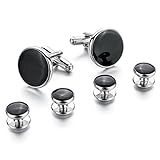 Men's Rhodium Plated Enamel Cufflinks Silver Black Studs Set Tuxedo Shirt Wedding (with Gift Bag)