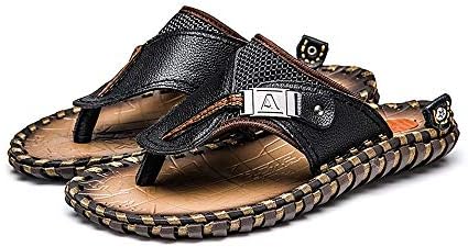 LuLyL Men's Flip Flops Leather Slippers Summer Fashion Beach Flat Sandals Shoes Black Label size 45