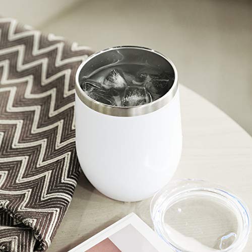 DOMICARE Insulated Wine Tumbler with Lid (4 Pack, White) - 12 OZ Stemless Double Wall Vacuum Traval Mug - Keeping Cold & Hot for Wine, Coffee, Cocktails, Drinks