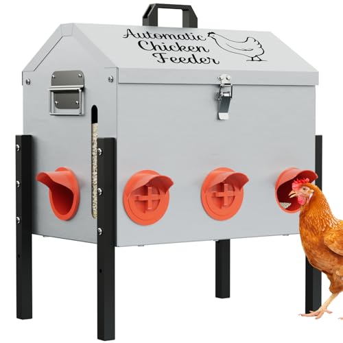 NEYCIL 50LB Automatic Chicken Feeder, Metal Chicken Feeder with Window, No-Waste Poultry Feeder with 8 Feeding Ports, Adjustable Height, Locking Lid & Weatherproof Design for Outdoor Coop