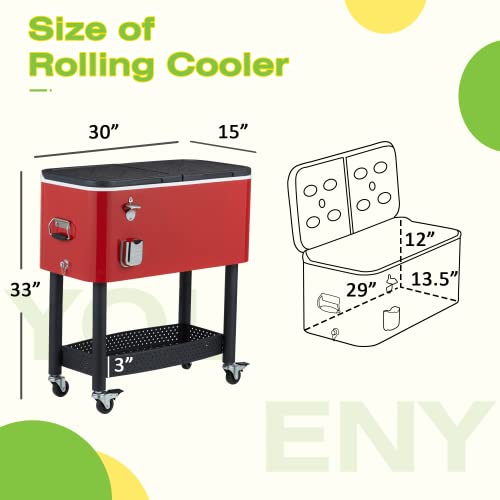 YOLENY 80 Quart Rolling Cooler Cart,Ice Chest with Bottom Shelf