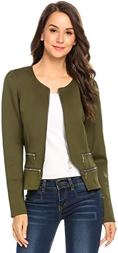 ThinIce Women's Casual Collarless Cardigan Office Blazer Zipper Work Jacket