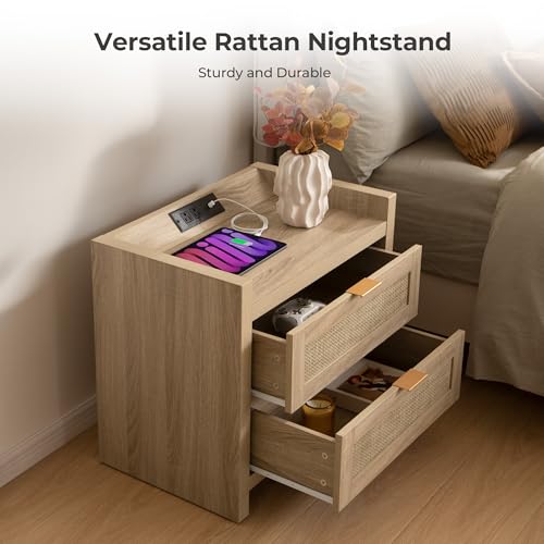SICOTAS Rattan Nightstands Set of 2 Bedside Table - Bedroom Night Stand with Type-C Charging Station, 2 Drawers Storage - Boho Night Stands End Table for Bedroom Office - Light Oak