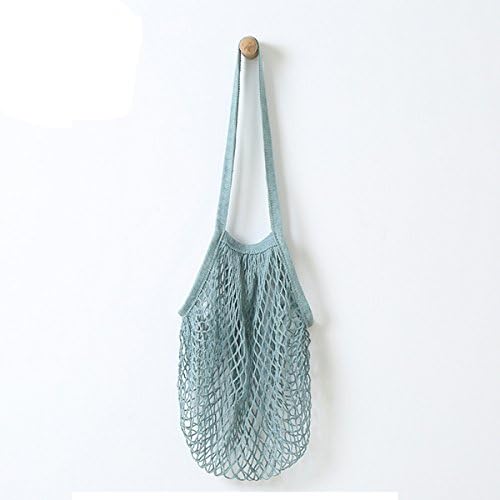 Convenient Portable Shopping Mesh Bag Cotton Net String Bags Reusable Organizer Tote Handbag Fruit Storage Grocery Shopper Woven Shoulder Ecology Produce Bags Long Handle Totes (Blue)