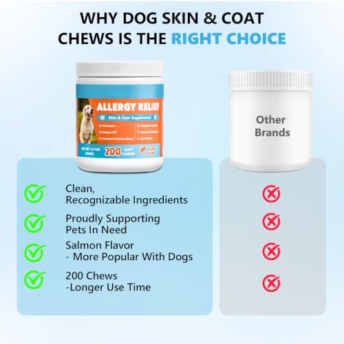 Allergy Relief Chews for Dogs Skin and Coat with Salmon Oil Omega 3 for Dog Shedding, Itchy Dry Skin, Seasonal Scratching & Paw Licking Comfort - Probiotics, Colostrum, for All Breeds & Size, 200 Ct